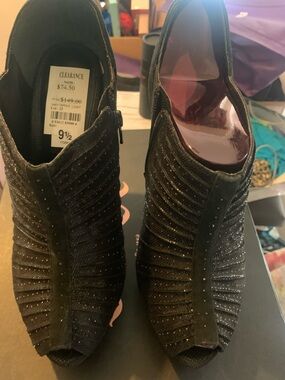 Nina Black Glitter Peep-Toe Ankle Booties